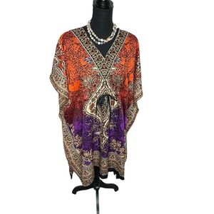 Ana & Rose OSFM Caftan Dress Cover Up Vibrant Floral Gold Orange Beige Brown NEW
